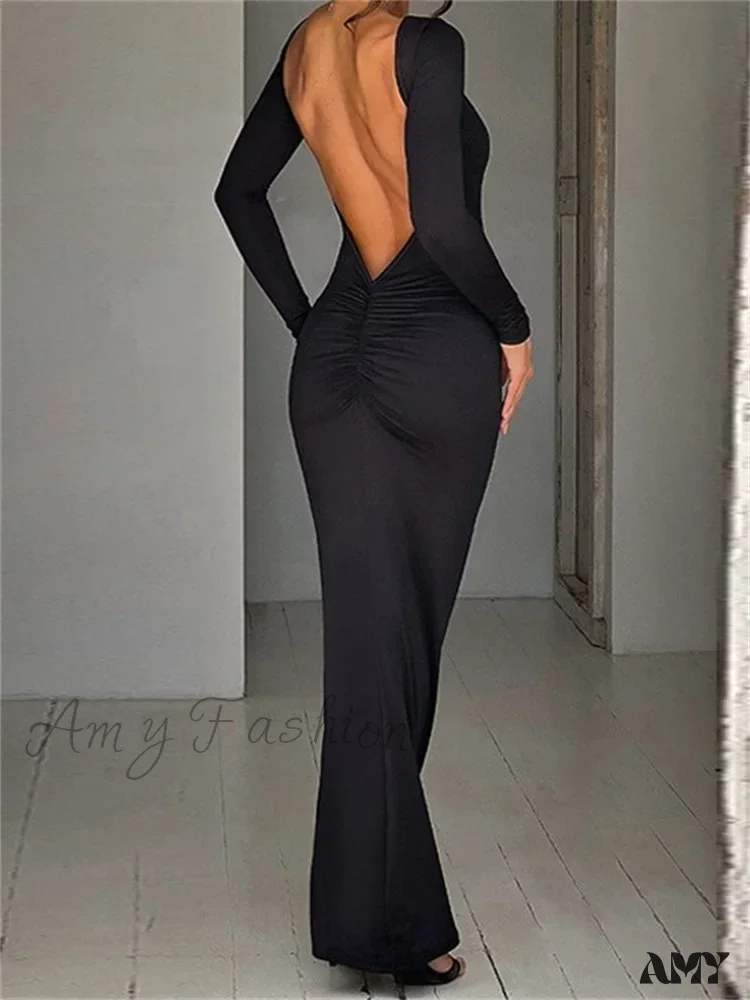 Amy Fashion - Women  Sleeve Solid Color Round Neck Backless Ruched  Spring Summer Party Female Vestidos - Image 3