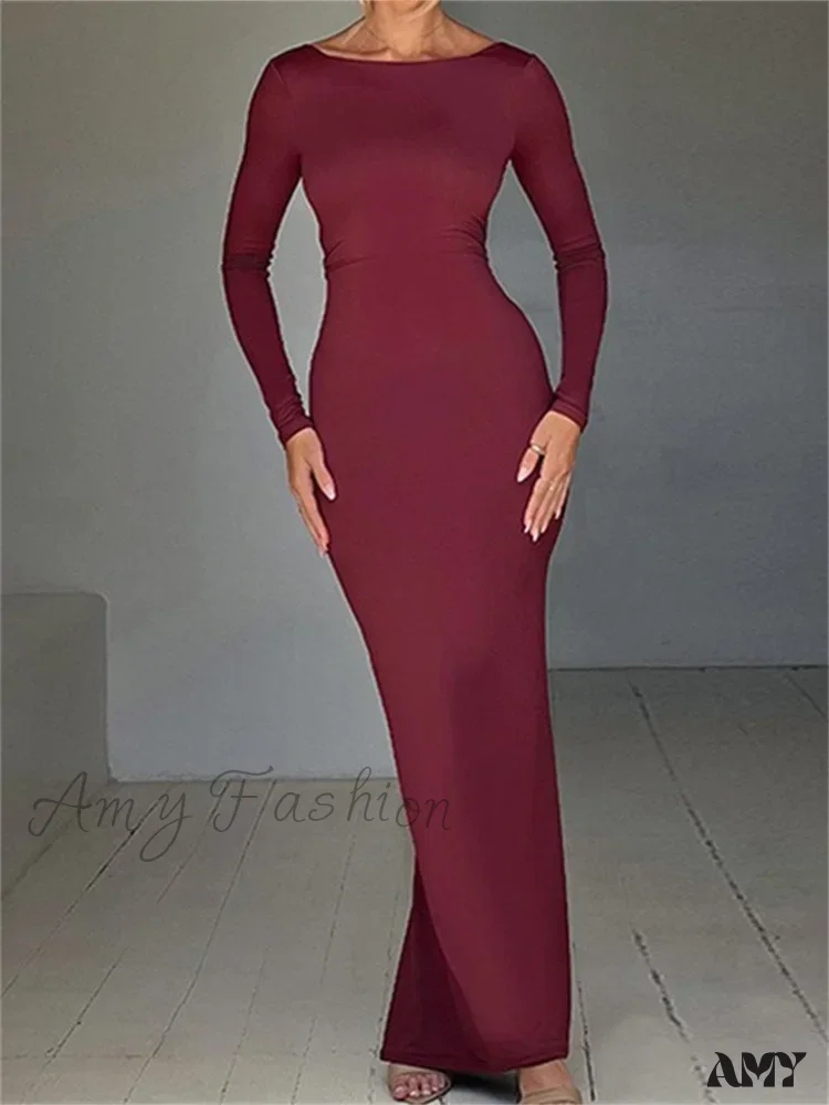 Amy Fashion - Women  Sleeve Solid Color Round Neck Backless Ruched  Spring Summer Party Female Vestidos - Image 4