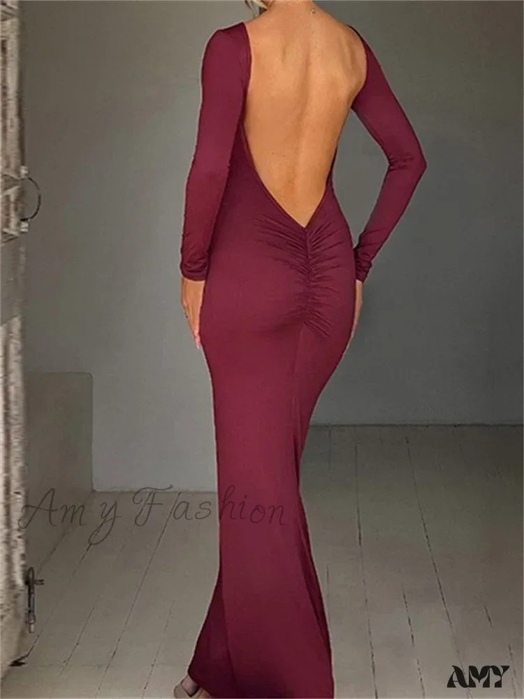 Amy Fashion - Women  Sleeve Solid Color Round Neck Backless Ruched  Spring Summer Party Female Vestidos - Image 5