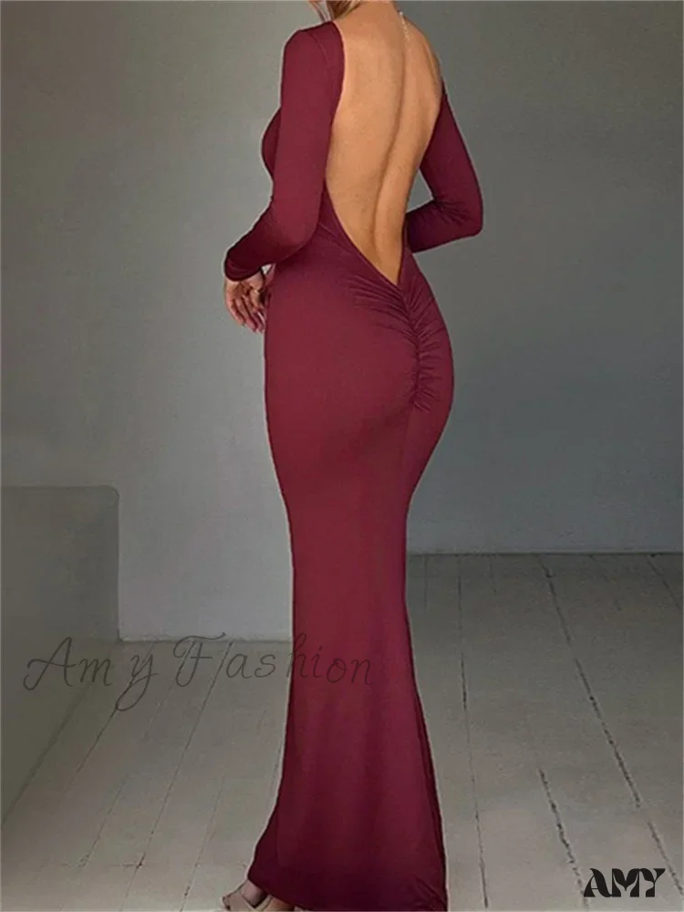 Amy Fashion - Women  Sleeve Solid Color Round Neck Backless Ruched  Spring Summer Party Female Vestidos - Image 6