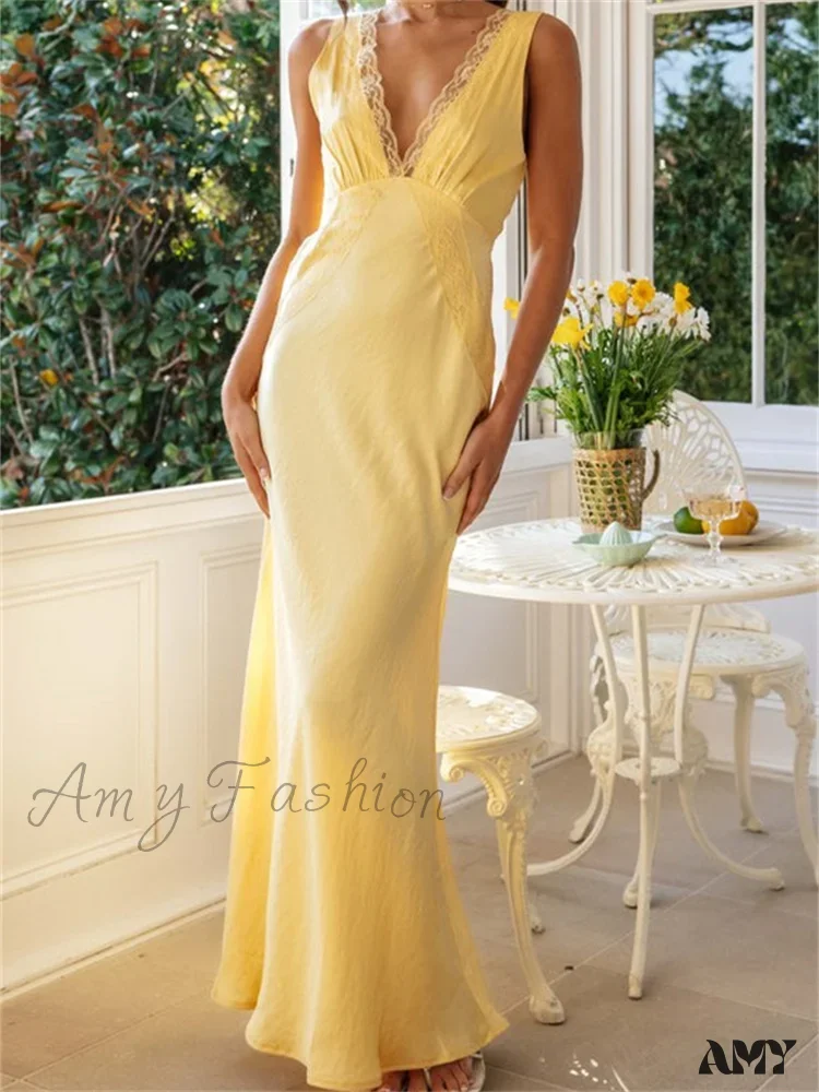 Amy Fashion - Women Sleeveless Formal Lace Patchwork Deep V Neck Backless Evening Wedding Cocktail Party Vestidos - Image 2