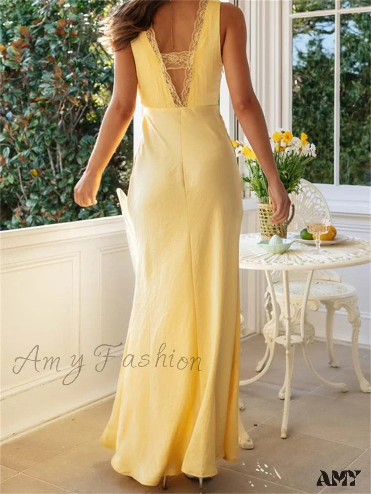 Amy Fashion - Women Sleeveless Formal Lace Patchwork Deep V Neck Backless Evening Wedding Cocktail Party Vestidos - Image 4