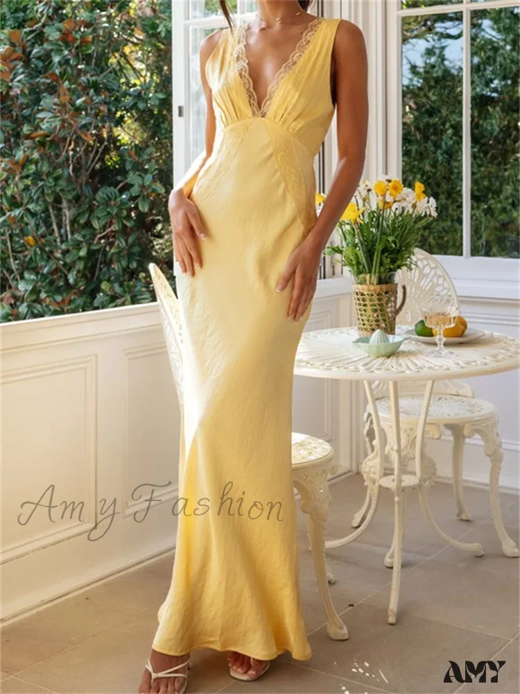 Amy Fashion - Women Sleeveless Formal Lace Patchwork Deep V Neck Backless Evening Wedding Cocktail Party Vestidos - Image 5