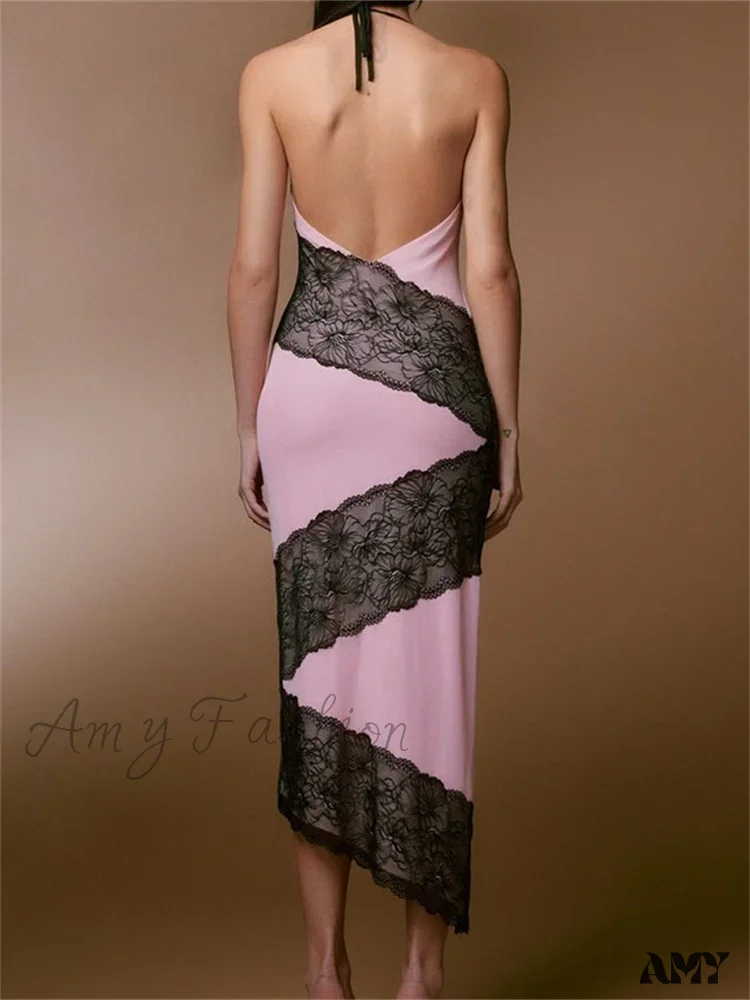 Amy Fashion - Women  Sleeveless Halter Tie-up Backless Lace Patchwork Slim Asymmetrical Hem Cocktail Vestidos - Image 3