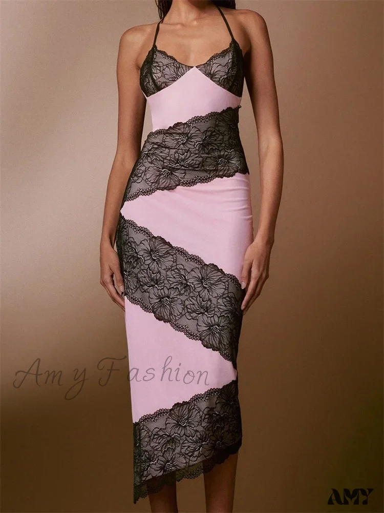 Amy Fashion - Women  Sleeveless Halter Tie-up Backless Lace Patchwork Slim Asymmetrical Hem Cocktail Vestidos - Image 4