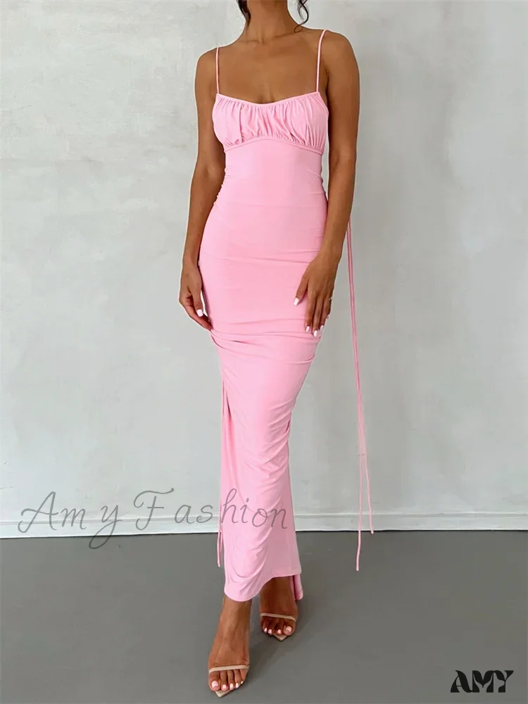 Amy Fashion - Women Sleeveless Lace-up Strap Sling Summer Backless Ruched Party  V-neck Slim Fit Sexy Vestidos