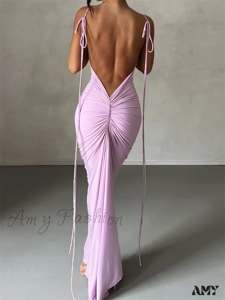Amy Fashion - Women Sleeveless Lace-up Strap Sling Summer Backless Ruched Party  V-neck Slim Fit Sexy Vestidos - Image 4
