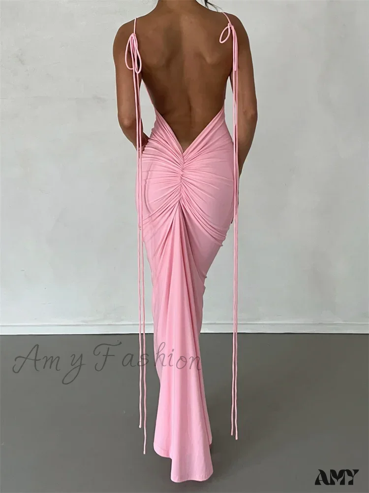 Amy Fashion - Women Sleeveless Lace-up Strap Sling Summer Backless Ruched Party  V-neck Slim Fit Sexy Vestidos - Image 7