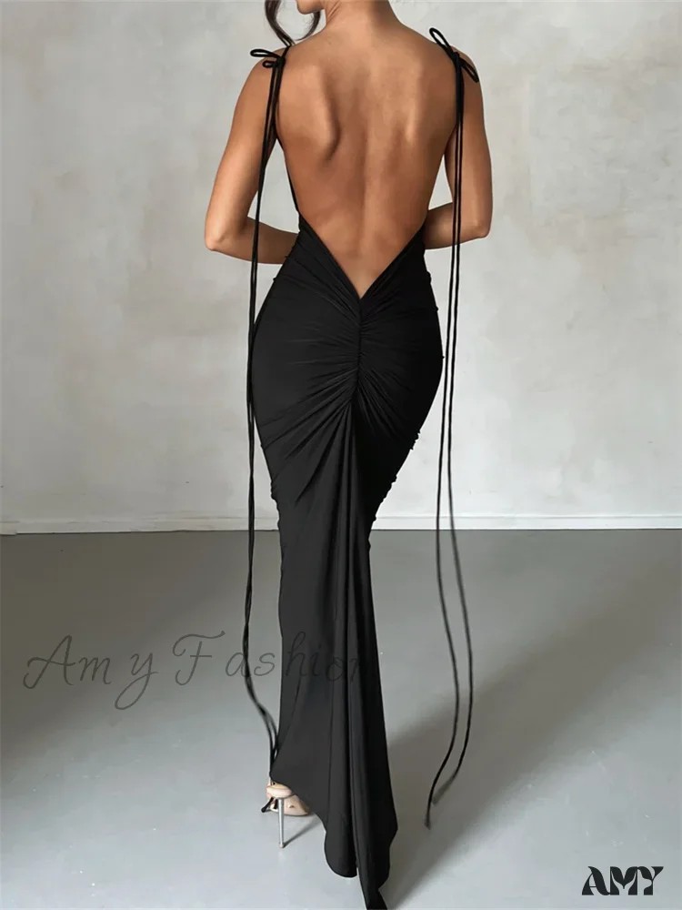 Amy Fashion - Women Sleeveless Lace-up Strap Sling Summer Backless Ruched Party  V-neck Slim Fit Sexy Vestidos - Image 9