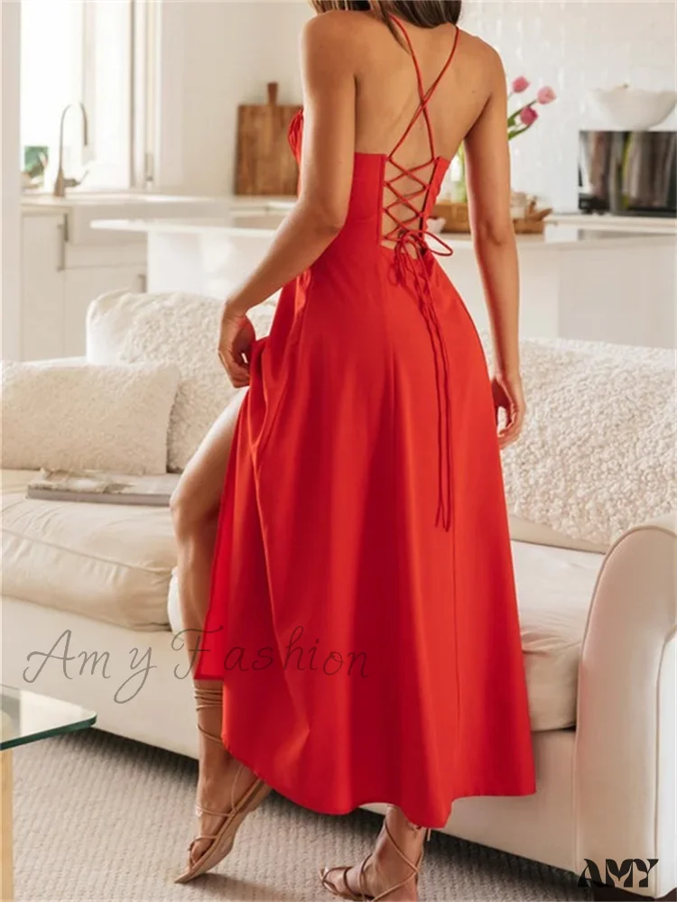 Amy Fashion - Women Sleeveless Strap  Ruched Tie-up Backless Criss-cross Hollow Out High Split Party Beach Vestidos - Image 3