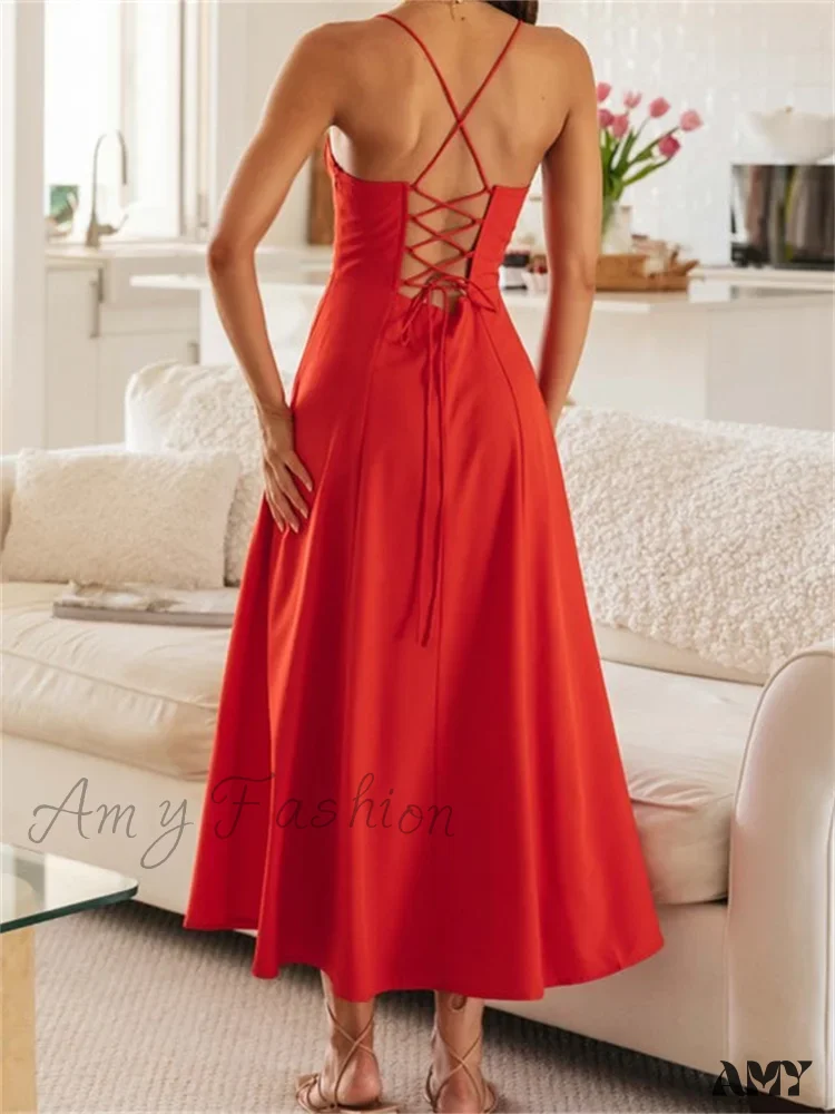 Amy Fashion - Women Sleeveless Strap  Ruched Tie-up Backless Criss-cross Hollow Out High Split Party Beach Vestidos - Image 4