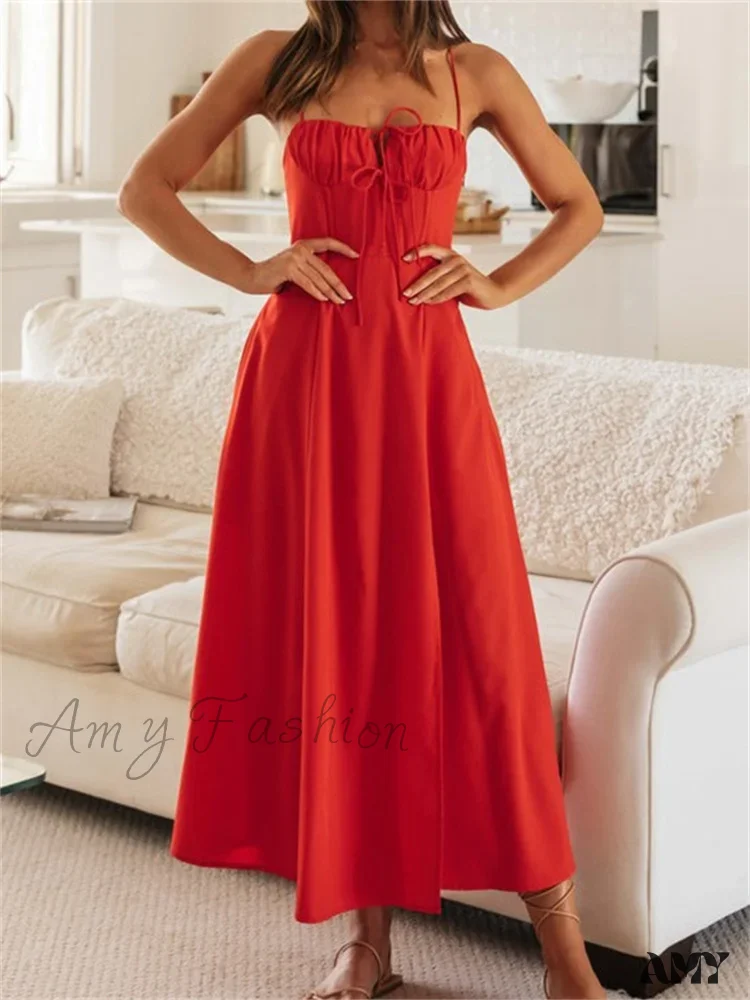 Amy Fashion - Women Sleeveless Strap  Ruched Tie-up Backless Criss-cross Hollow Out High Split Party Beach Vestidos - Image 5