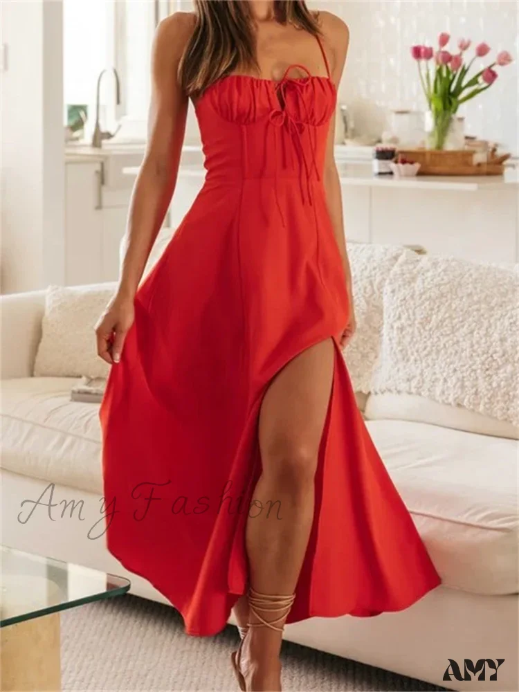 Amy Fashion - Women Sleeveless Strap  Ruched Tie-up Backless Criss-cross Hollow Out High Split Party Beach Vestidos - Image 6