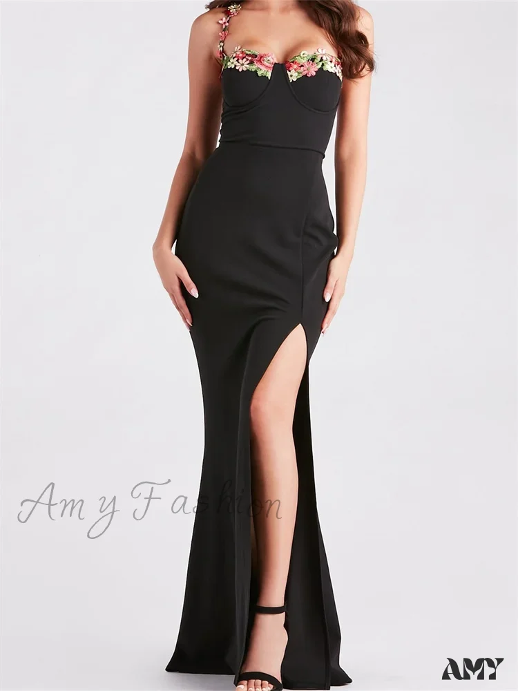 Amy Fashion - Women Slim Sling High Split  Flower Embroidery Sleeveless Spaghetti Strap Summer Party Club Vestidos