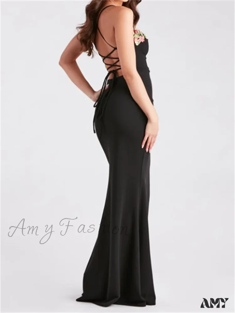Amy Fashion - Women Slim Sling High Split  Flower Embroidery Sleeveless Spaghetti Strap Summer Party Club Vestidos - Image 2