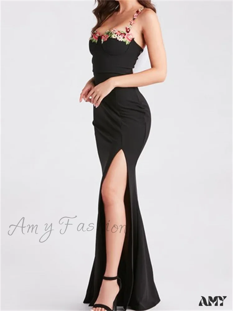 Amy Fashion - Women Slim Sling High Split  Flower Embroidery Sleeveless Spaghetti Strap Summer Party Club Vestidos - Image 3