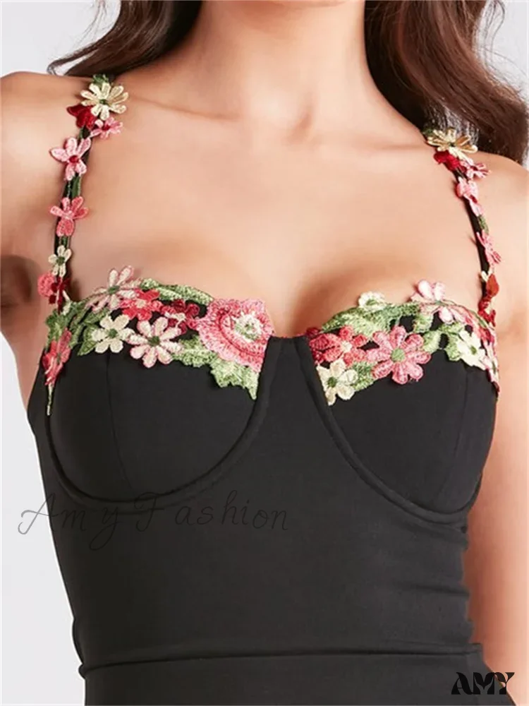 Amy Fashion - Women Slim Sling High Split  Flower Embroidery Sleeveless Spaghetti Strap Summer Party Club Vestidos - Image 4