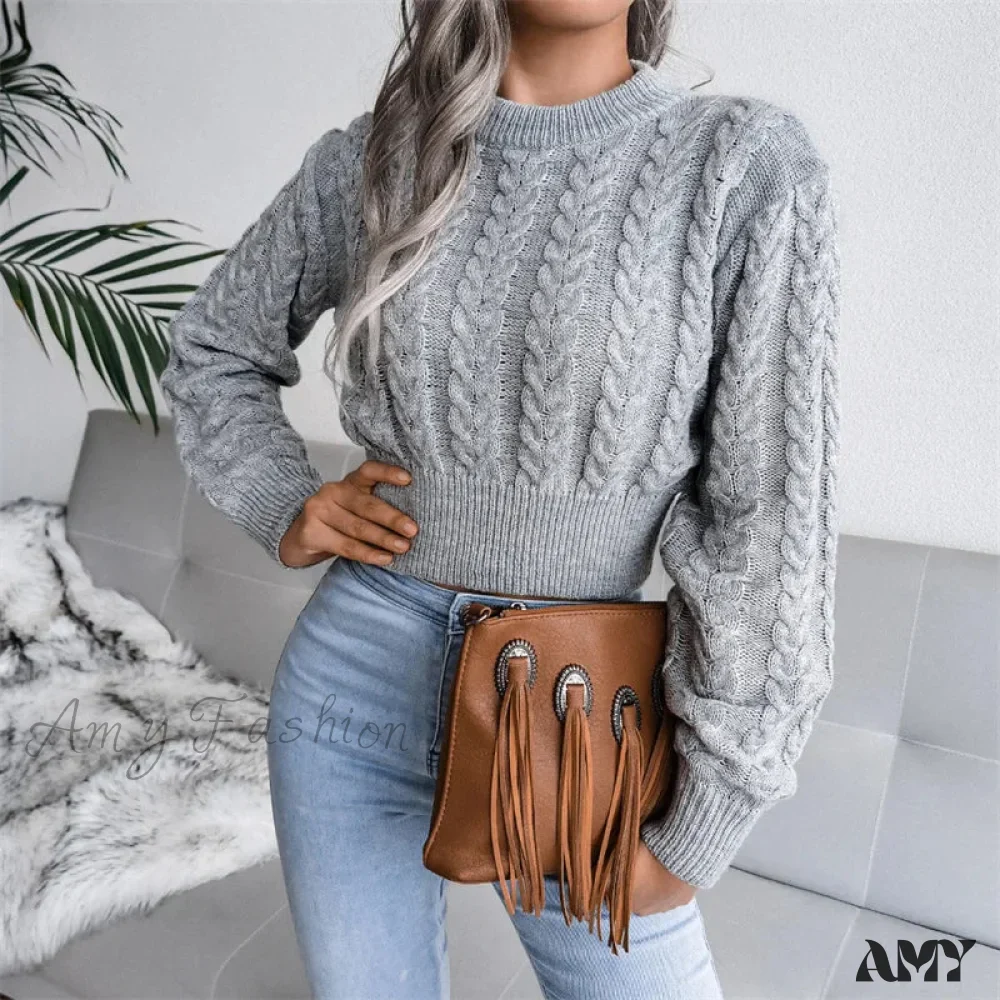 Women Solid Color Twisted Knitted Autumn Winter Fashion Long Sleeve Slim Fit Sweater - Image 2