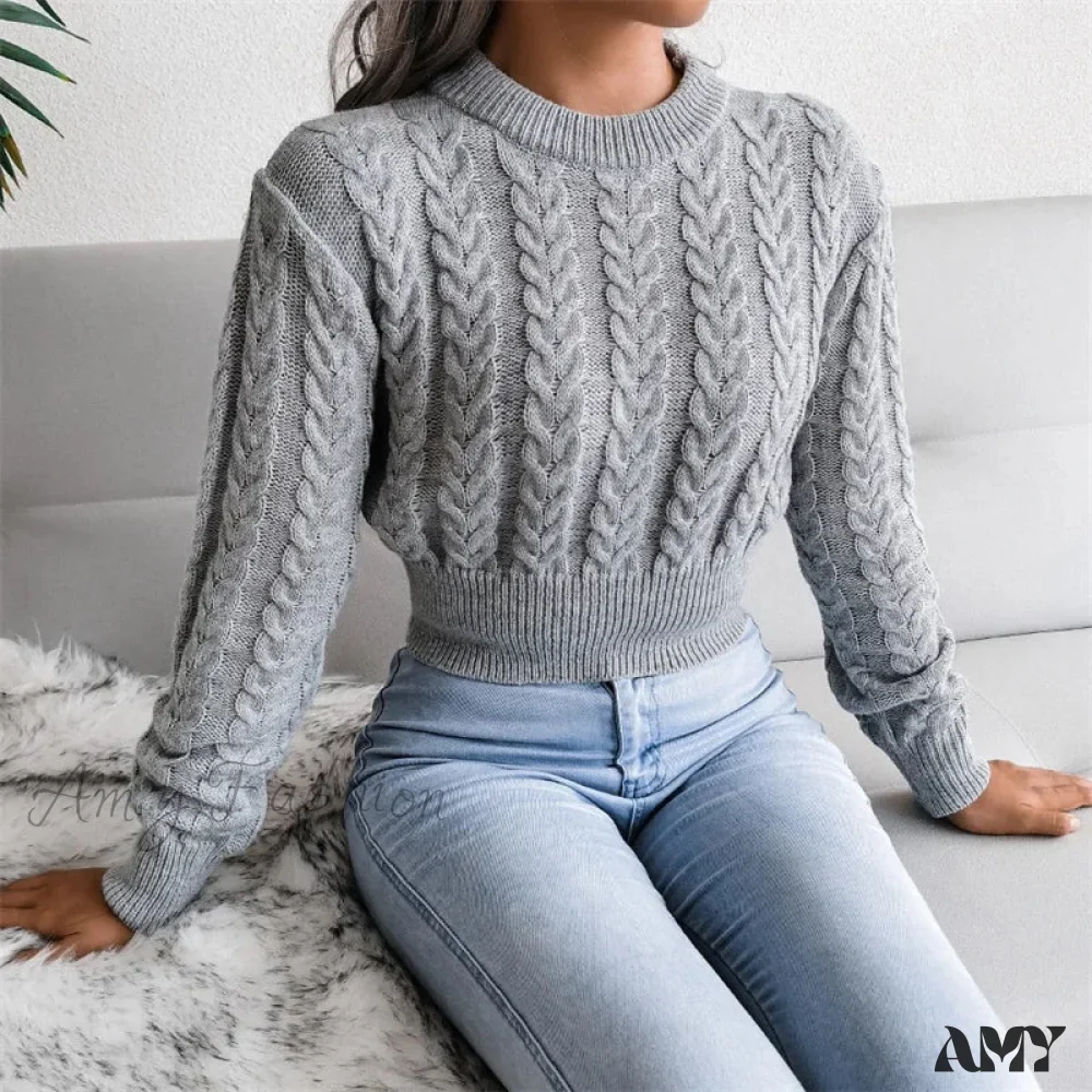 Women Solid Color Twisted Knitted Autumn Winter Fashion Long Sleeve Slim Fit Sweater - Image 3