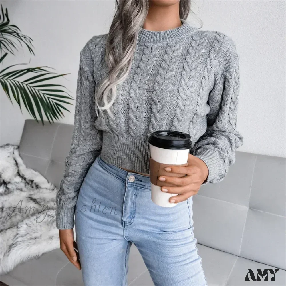 Women Solid Color Twisted Knitted Autumn Winter Fashion Long Sleeve Slim Fit Sweater - Image 6
