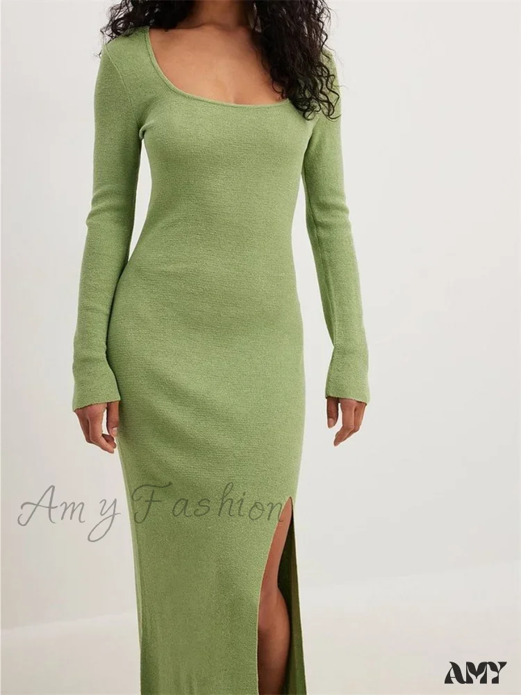 Amy Fashion - Women Spring Fall Knitted  Elegant  Sleeve Round Neck Solid High Split Female Vestidos Streetwear - Image 3