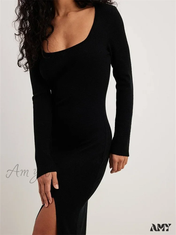 Amy Fashion - Women Spring Fall Knitted  Elegant  Sleeve Round Neck Solid High Split Female Vestidos Streetwear - Image 5