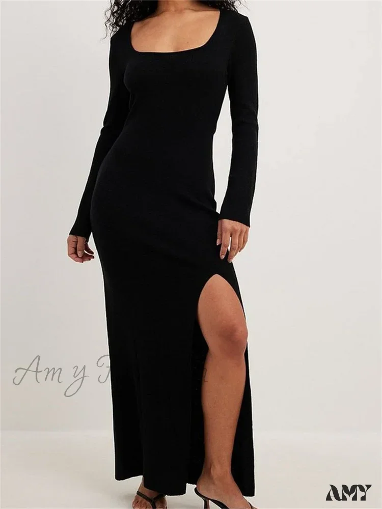 Amy Fashion - Women Spring Fall Knitted  Elegant  Sleeve Round Neck Solid High Split Female Vestidos Streetwear - Image 7