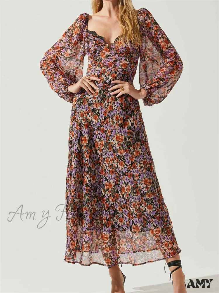 Amy Fashion - Women Spring Fall Vintage Floral Print V-neck Puff Sleeve Fashion Backless Holiday Vestido