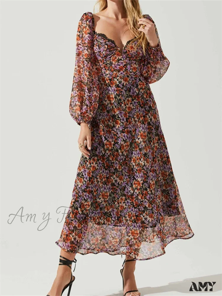 Amy Fashion - Women Spring Fall Vintage Floral Print V-neck Puff Sleeve Fashion Backless Holiday Vestido - Image 2