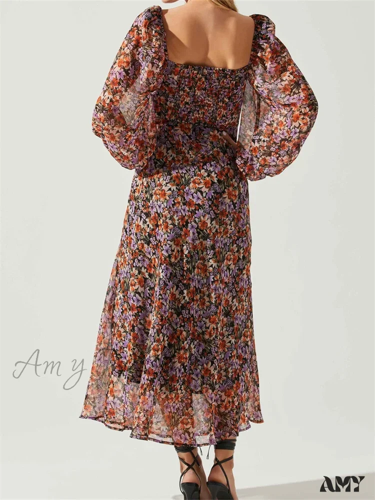 Amy Fashion - Women Spring Fall Vintage Floral Print V-neck Puff Sleeve Fashion Backless Holiday Vestido - Image 3