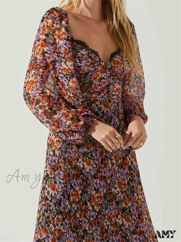 Amy Fashion - Women Spring Fall Vintage Floral Print V-neck Puff Sleeve Fashion Backless Holiday Vestido - Image 4