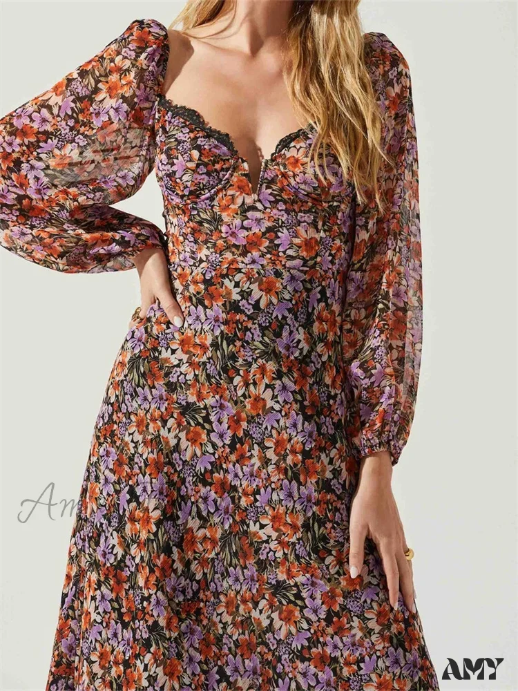 Amy Fashion - Women Spring Fall Vintage Floral Print V-neck Puff Sleeve Fashion Backless Holiday Vestido - Image 5