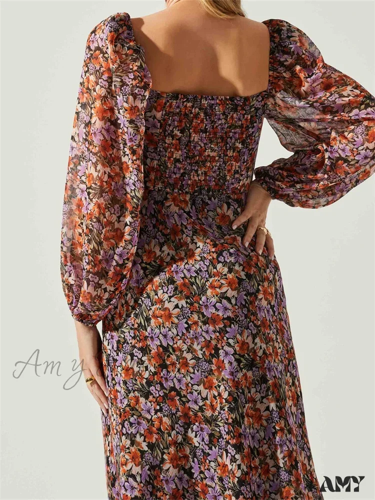 Amy Fashion - Women Spring Fall Vintage Floral Print V-neck Puff Sleeve Fashion Backless Holiday Vestido - Image 6