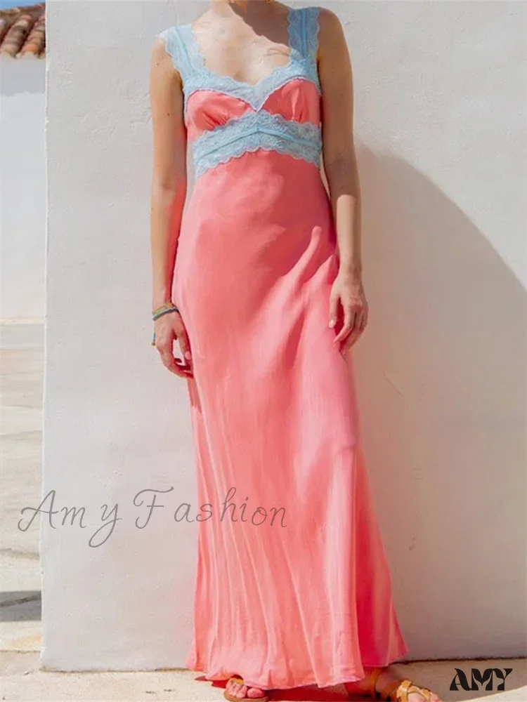 Amy Fashion - Women Summer Beach  Lace Patchwork Sleeveless Tank Backless Sexy Ladies V-neck Female Vestidos
