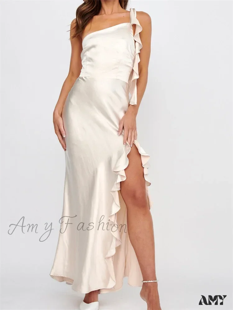 Amy Fashion - Women Summer Evening  Sleeveless Strap Backless Off Shoulder High Split Ruffles Party Female Vestidos