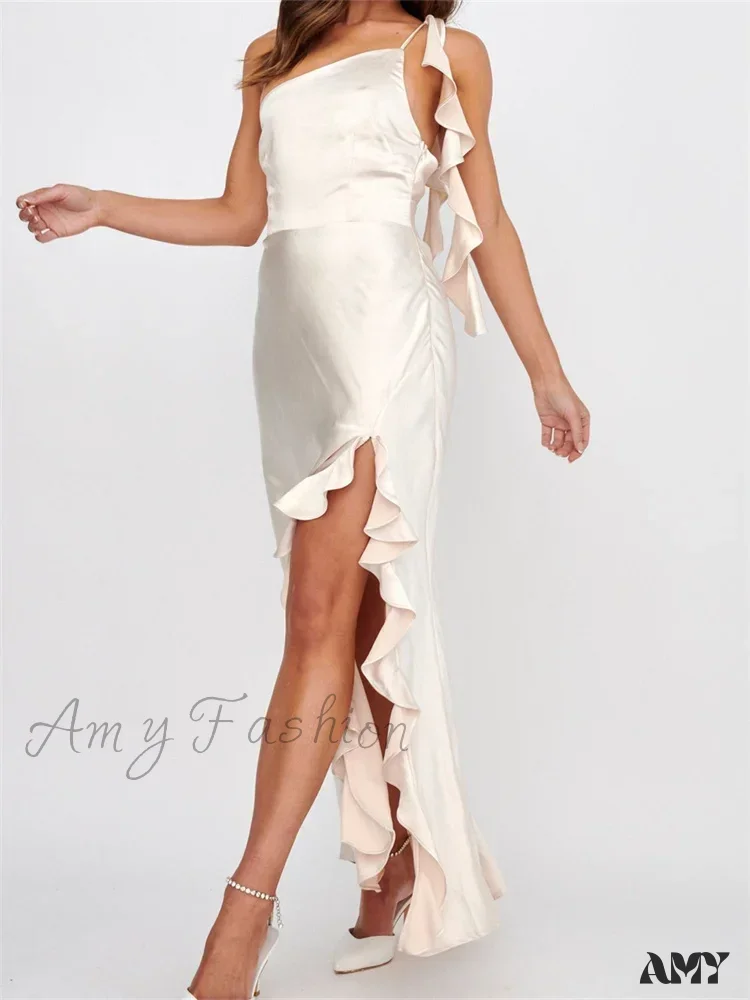 Amy Fashion - Women Summer Evening  Sleeveless Strap Backless Off Shoulder High Split Ruffles Party Female Vestidos - Image 3
