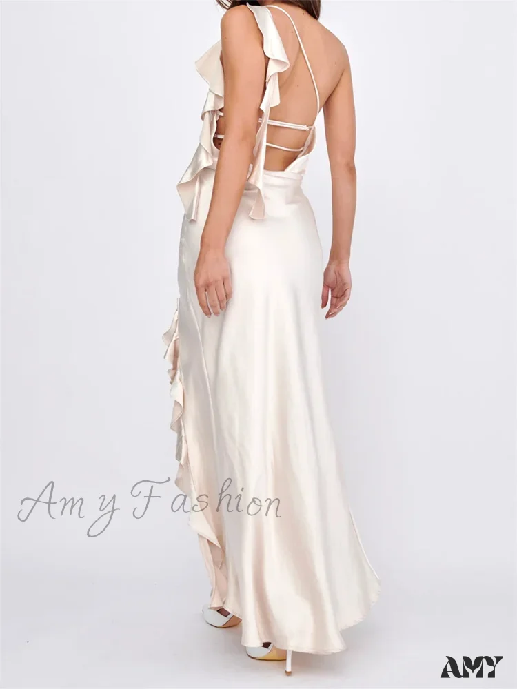 Amy Fashion - Women Summer Evening  Sleeveless Strap Backless Off Shoulder High Split Ruffles Party Female Vestidos - Image 4