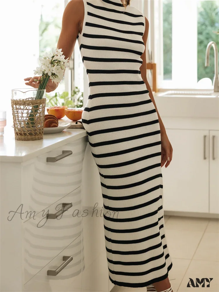 Amy Fashion - Women Summer Knitted Striped Print Sleeveless High Neck Split Slim Fit Party Tank Streetwear - Image 5