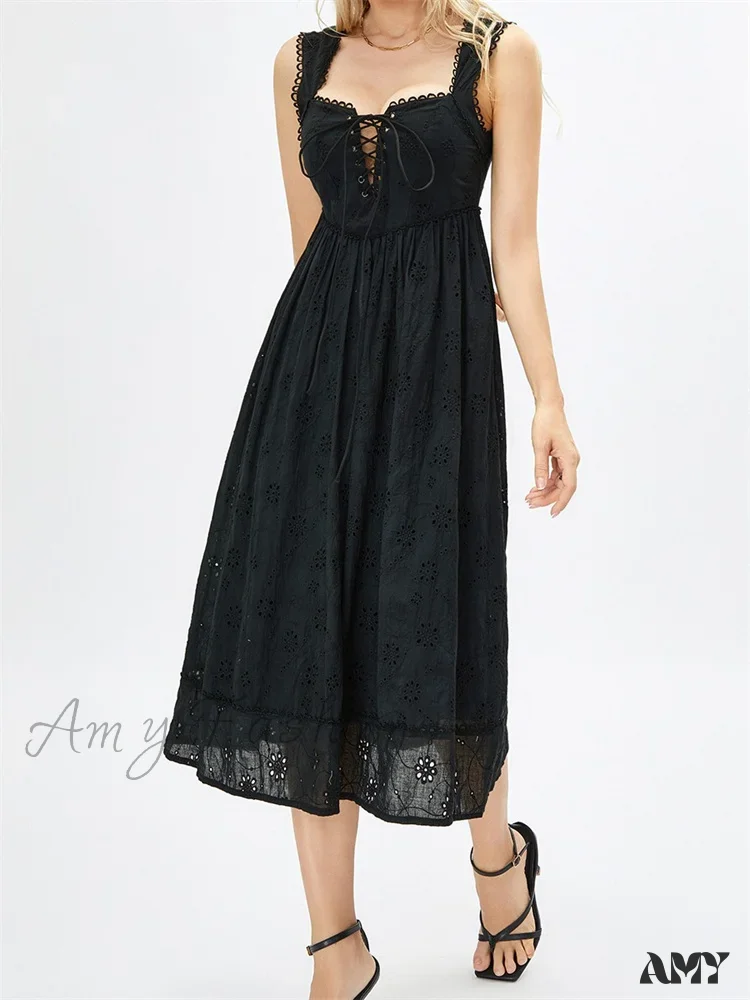 Amy Fashion - Women Summer Lace Floral  Backless Tie-up Sleeveless Spaghetti Strap Hollow Out Party Female Vestidos - Image 2