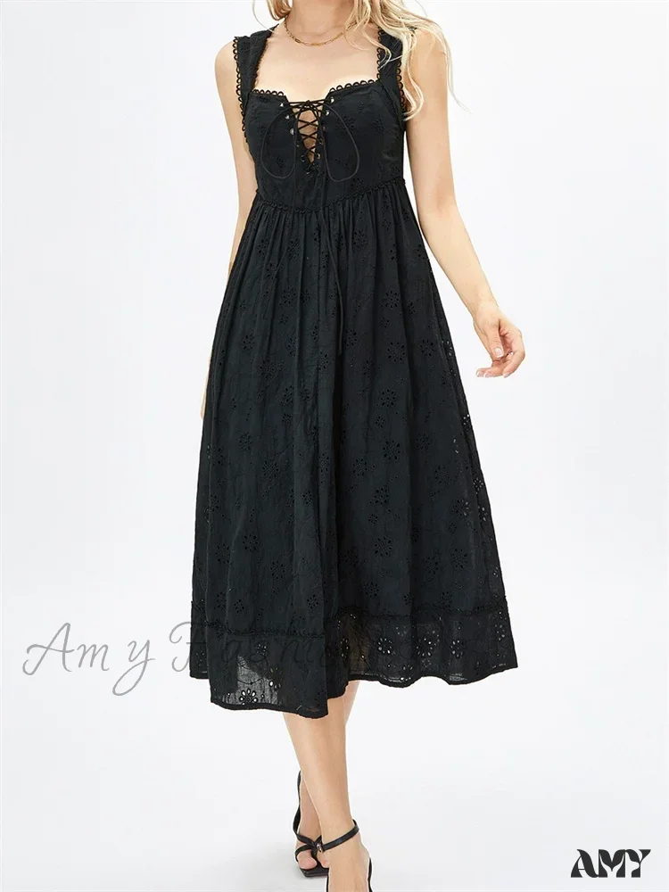 Amy Fashion - Women Summer Lace Floral  Backless Tie-up Sleeveless Spaghetti Strap Hollow Out Party Female Vestidos - Image 4