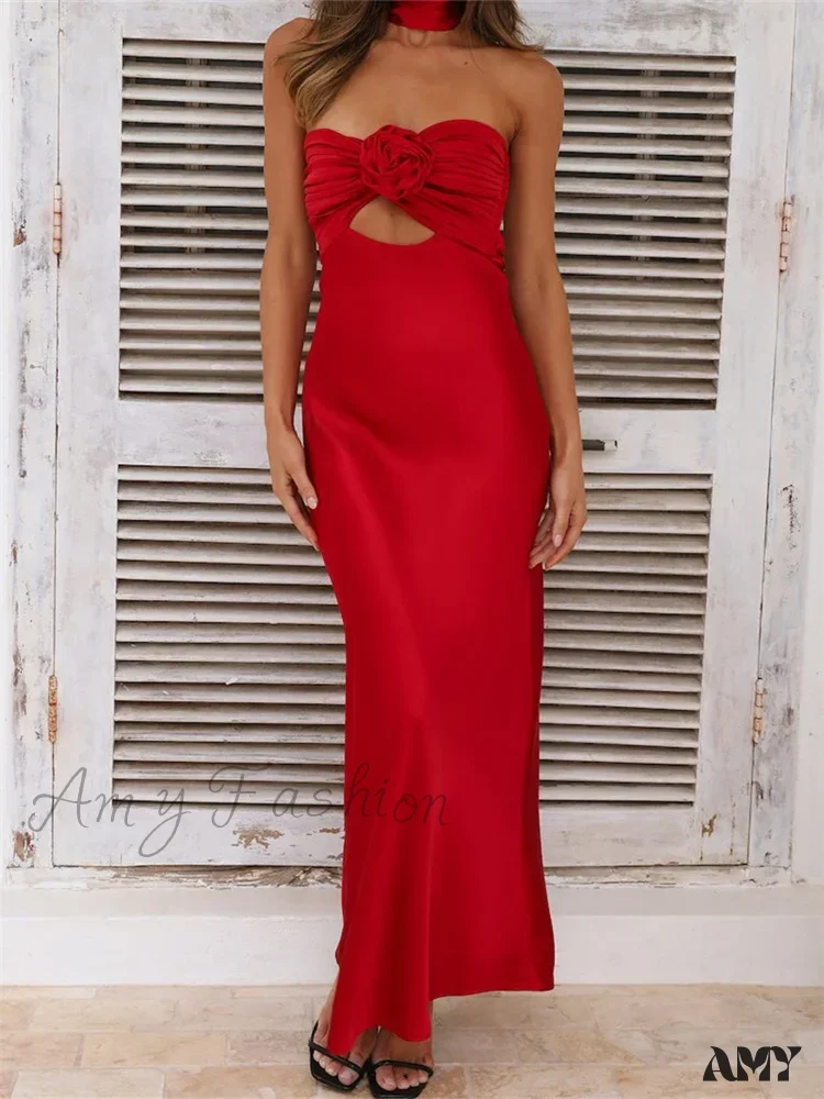 Amy Fashion - Women Summer Satin Tube  Solid Color Strapless Off Shoulder Slim  3D Flower Vestidos with Scarf - Image 3