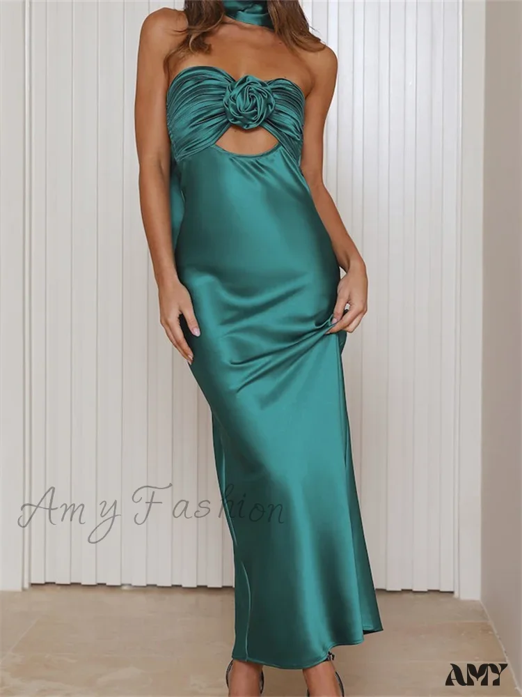 Amy Fashion - Women Summer Satin Tube  Solid Color Strapless Off Shoulder Slim  3D Flower Vestidos with Scarf - Image 5