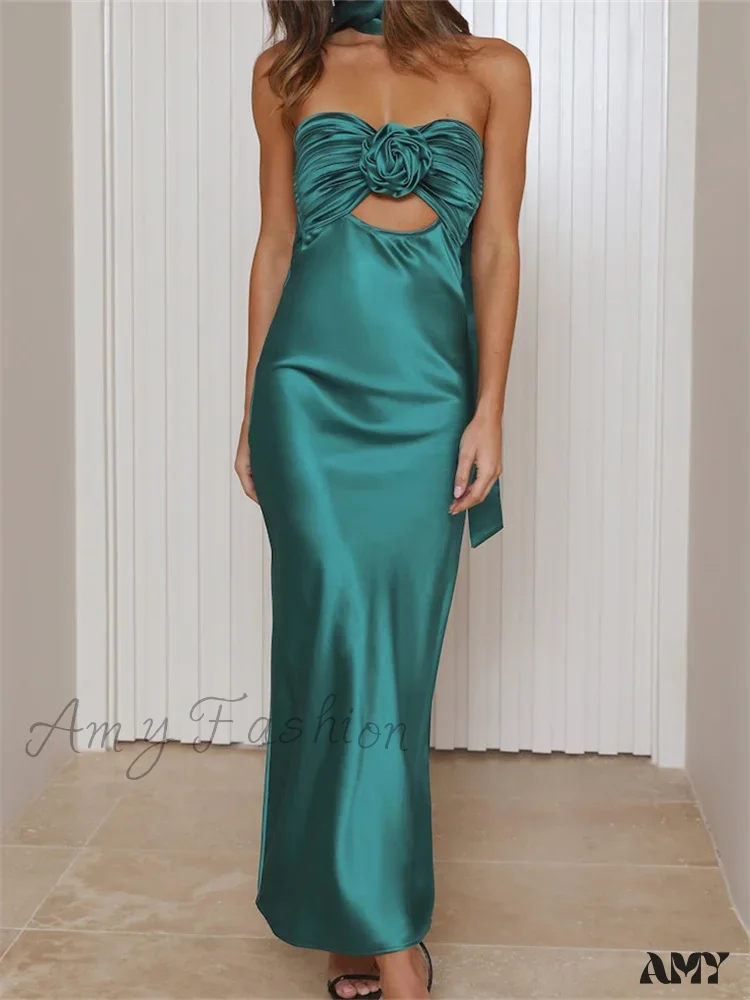 Amy Fashion - Women Summer Satin Tube  Solid Color Strapless Off Shoulder Slim  3D Flower Vestidos with Scarf - Image 7
