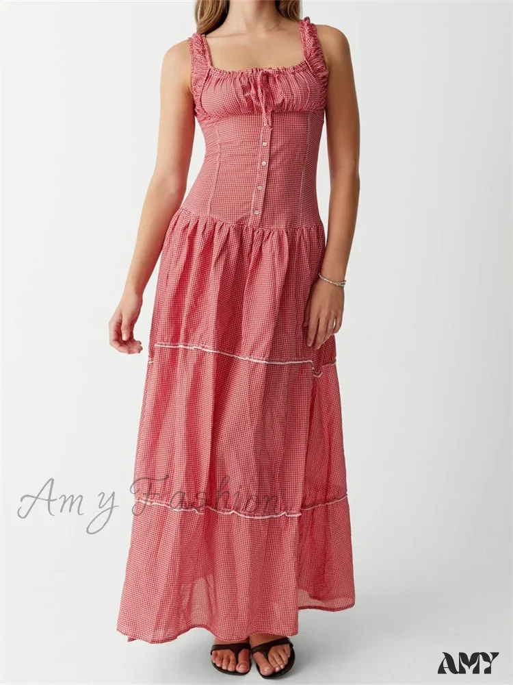 Amy Fashion - Women Summer Sleeveless Tank Casual Plaid Print Ruffles Party Cocktail Beach Street Ruched Vestidos