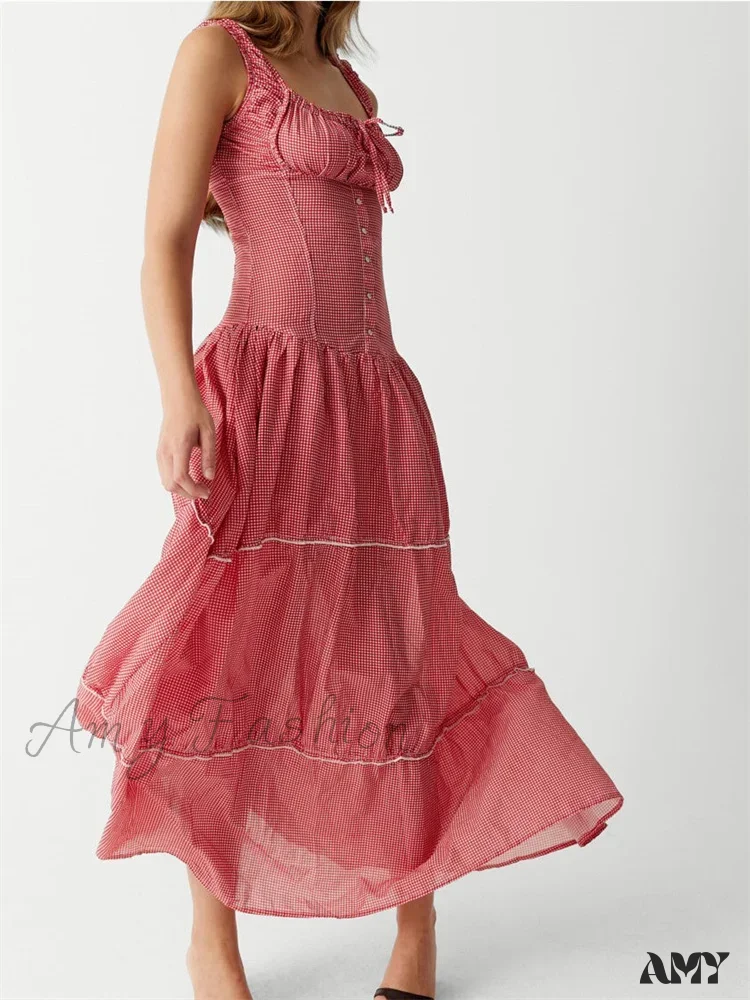 Amy Fashion - Women Summer Sleeveless Tank Casual Plaid Print Ruffles Party Cocktail Beach Street Ruched Vestidos - Image 2