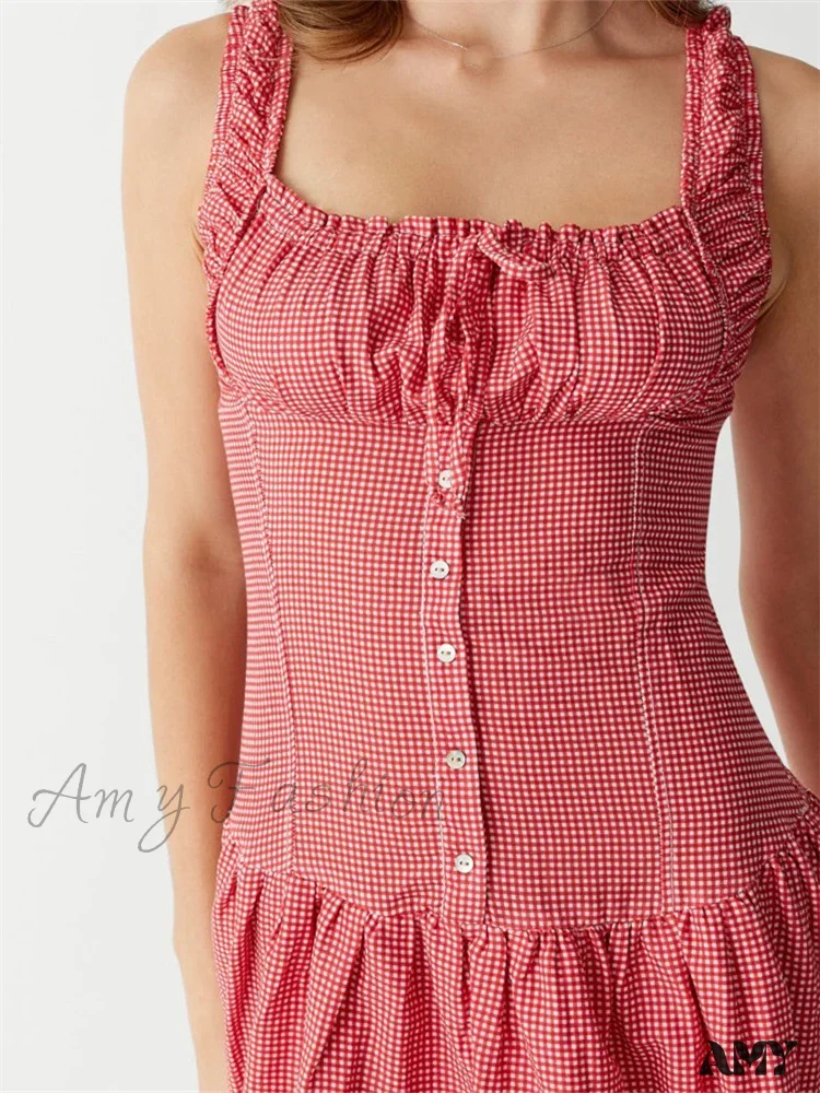 Amy Fashion - Women Summer Sleeveless Tank Casual Plaid Print Ruffles Party Cocktail Beach Street Ruched Vestidos - Image 3