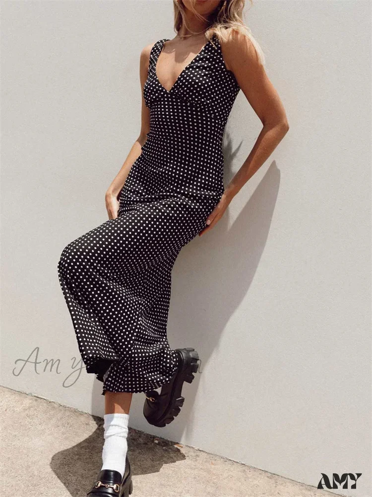Amy Fashion - Women Summer Slim  Tank Dot Print Sleeveless Deep V-Neck Bodycon Ankle Length Female Vestidos - Image 2