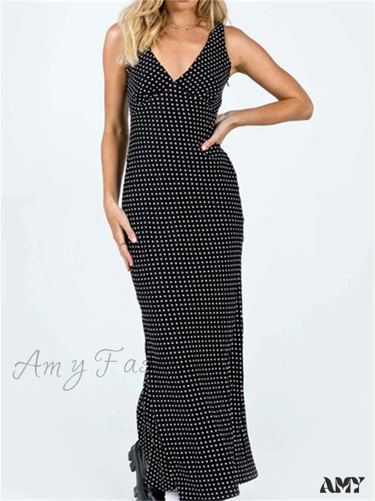 Amy Fashion - Women Summer Slim  Tank Dot Print Sleeveless Deep V-Neck Bodycon Ankle Length Female Vestidos - Image 3