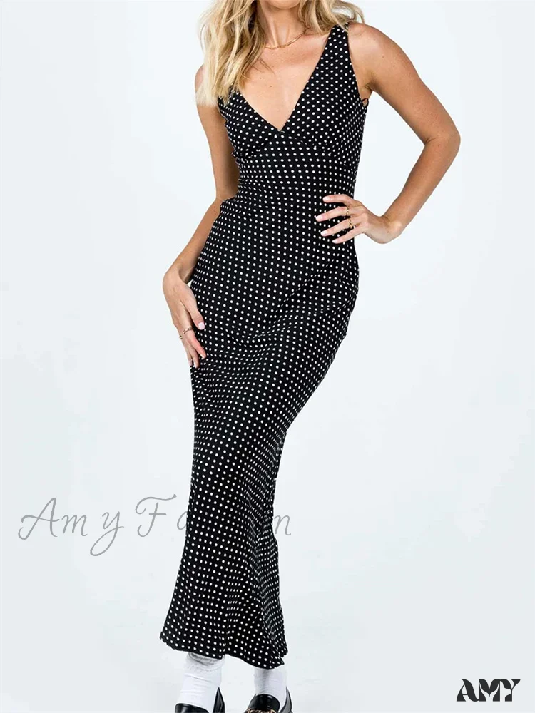 Amy Fashion - Women Summer Slim  Tank Dot Print Sleeveless Deep V-Neck Bodycon Ankle Length Female Vestidos - Image 4