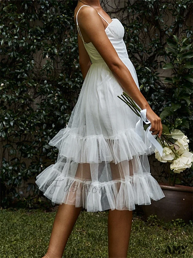 Amy Fashion - Women Summer  Solid Color Sleeveless Strap Summer Layered Tulle Ruffles Backless Party Vestidos - Image 2